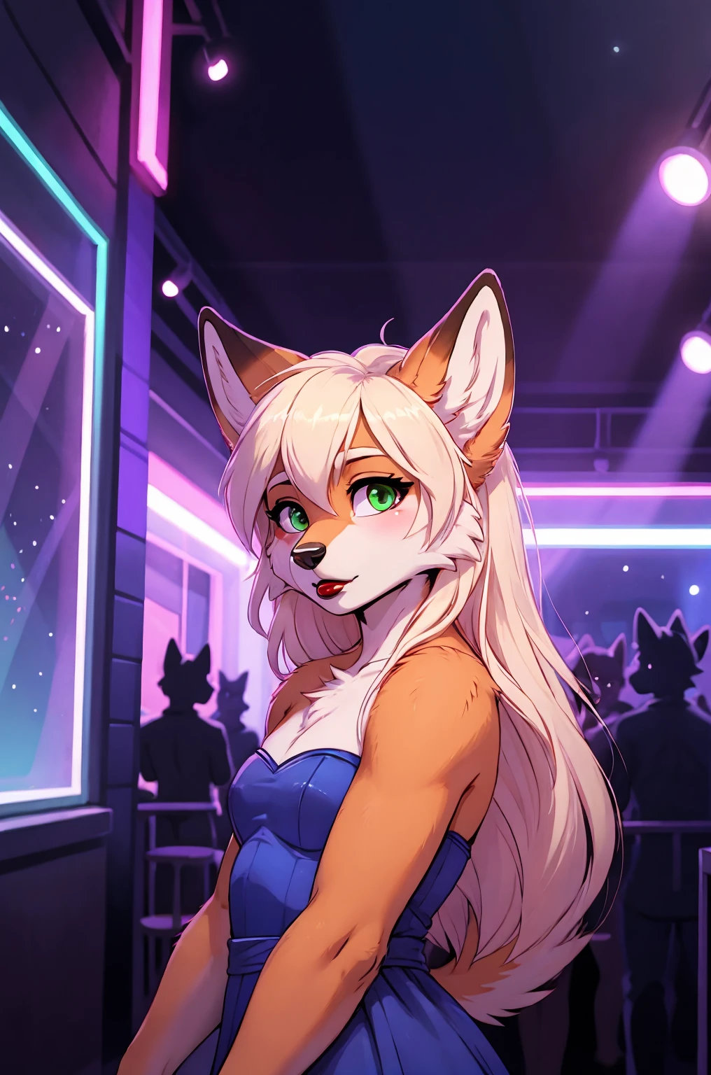 Fox girl, sexy, sensual, uploaded to E621, beautiful and detailed portrait of an anthropomorphic vixen ((female))), ((by kenket, Ross Tran, ruan jia, zaush, foxovh, by Zackary911, by hyattlen, by teranen, by fumiko, by Pixelsketcher, by Bayard Wu, by Thomas Benjamin Kennington, by Einshelm, by Kilinah, by Coffeesoda, by Hioshiru, by fluff-kevlar, by r-mk, by Dimwitdog)), (Averi, Fox girl), green eyes, solo, blush, embarrassed smile, full body, nightclub, neon lights, dj, disc jockey, flat chest, chest fluff, music notes, musical notes, music, playing music, striped thigh highs, colorful thigh highs, high socks