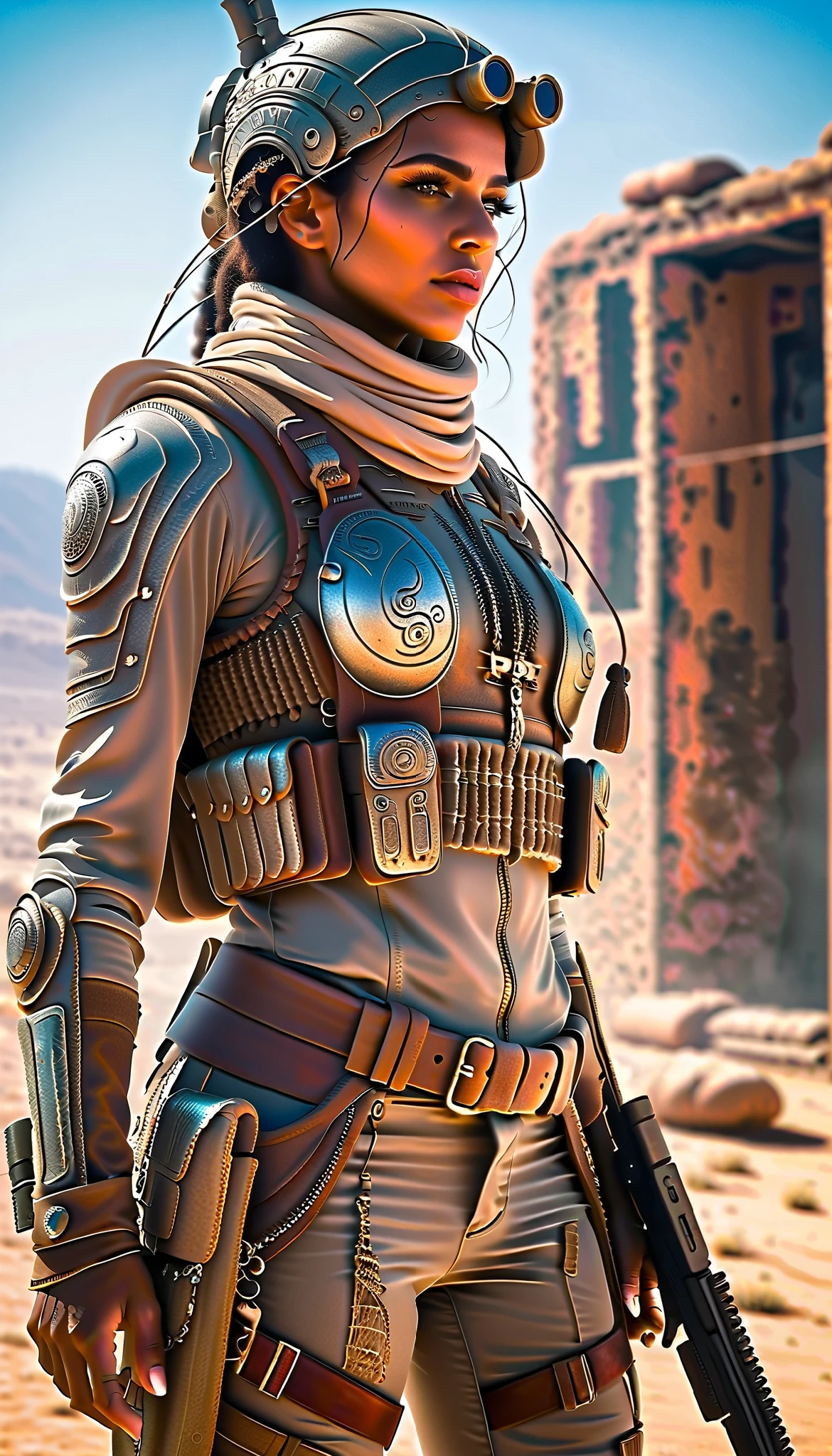 body turned around view, highly detailed and photorealistic depiction of a Persian female post-apocalyptic warrior. She exudes confidence and resilience, wearing a scratched silver combat suit with intricate biomechanical details and a weathered leather jacket layered over her armor. Wearing a hat with crow feathers , apocalyptic soldier gear, with subtle tactical designs. The outfit includes gradient lighting effects reflecting off metallic surfaces, emphasizing the advanced technology of her attire. Her ensemble combines elegance and functionality, adorned with carefully detailed straps, holsters, and protective gear. She carries a futuristic weapon, a hybrid rifle with glowing accents. Her boots are reinforced with rugged detailing, suitable for traversing harsh terrains. The background shows a post-apocalyptic urban wasteland bathed in dramatic lighting, with dust and ruins framing the scene. Barbed wire wrapped around the character, The character is ready for action, her determined gaze capturing the spirit of survival. Perfect for a dynamic shooter game character.
