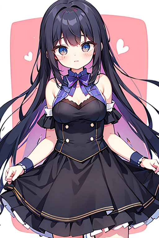 Blue Skirt、Accentuated thighs、black tights、chest、Black Hair、1 girl、solo girl、Thick thighs、hand on own chest、smile、idol costume、garter belt、back track rich、chest