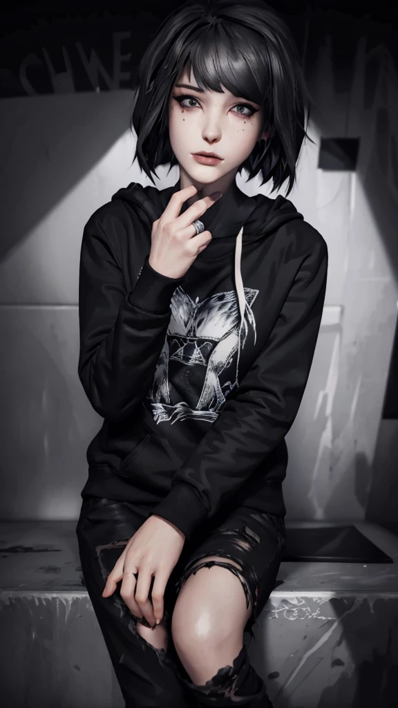 Maxine Caufield, 1-person, black lipstick, eyeliner, eye shadow, mascara, smoky eyes, black lips, natural lighting, black lips, sweatshirt, sweetheart, realistic, perfect, excellent quality, high definition, RAW, hood-up, concealed identity, tired eyes, baggy eyes, selfie expression, solo., realism, HD, 4K, 8K, UHD, anatomically correct, masterpiece, accurate, high quality, highres, award winning, super detail, looking at viewer, humanoid, 5 fingers each hand, pair of hands, depth of field, photographic