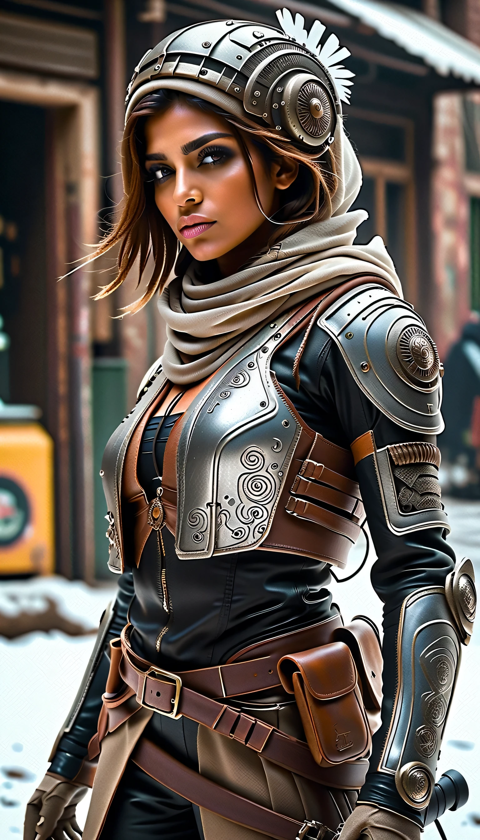 body turned around view, highly detailed and photorealistic depiction of a Persian female post-apocalyptic warrior. She exudes confidence and resilience, wearing a scratched silver combat suit with intricate biomechanical details and a weathered leather jacket layered over her armor. Wearing a hat with crow feathers , apocalyptic soldier gear, with subtle tactical designs. The outfit includes gradient lighting effects reflecting off metallic surfaces, emphasizing the advanced technology of her attire. Her ensemble combines elegance and functionality, adorned with carefully detailed straps, holsters, and protective gear. She carries a futuristic weapon, a hybrid rifle with glowing accents. Her boots are reinforced with rugged detailing, suitable for traversing harsh terrains. The background shows a post-apocalyptic urban wasteland bathed in dramatic lighting, with dust and ruins framing the scene. Barbed wire wrapped around the character, The character is ready for action, her determined gaze capturing the spirit of survival. Perfect for a dynamic shooter game character.
