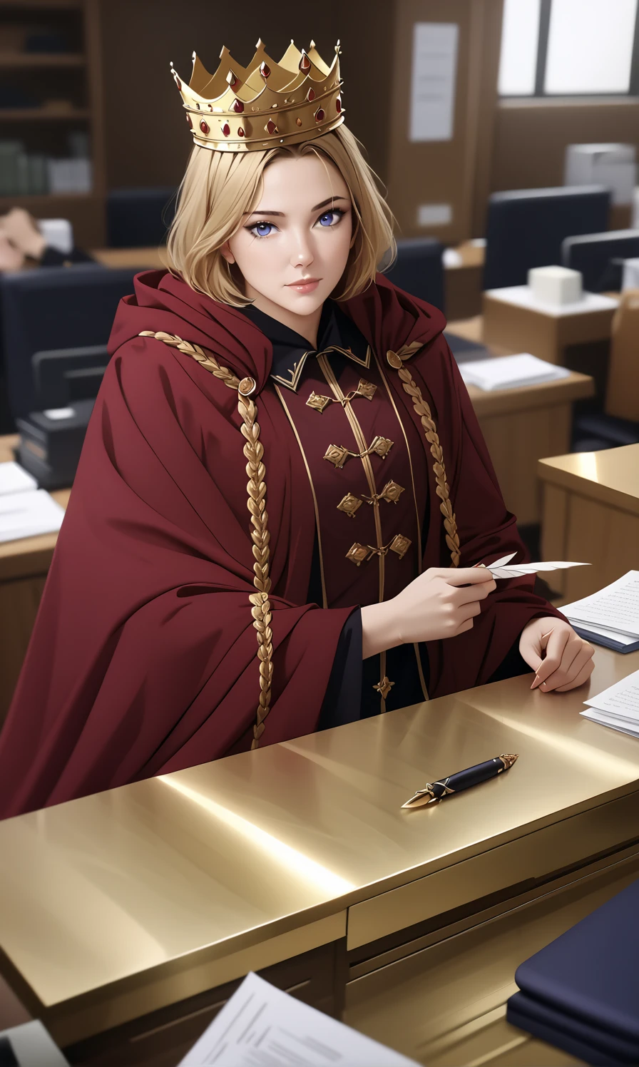 (masterpiece: 1.2,  best quality), Realistic, (Realistic Picture,  intricate detail dealing with 3 tentacles,  depth of field),  best quality, masterpiece,  high definition, Semi Realistic,  1 girl,  mature woman , 21 years old,  blonde short hair , The left eye is covered by hair,  blue eyes, King&#39;s Clothes,  red cloak,  slim figure without arms, A crown made of precious gold, Read and mark documents, Goose Quill Pen, Office desk, Soft bench