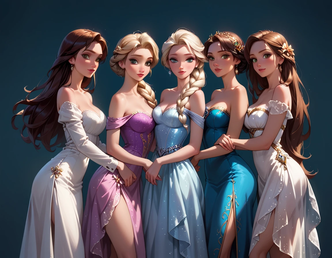 score_9, score_8_up, score_7_up, score_6_up, rating_questionable, 4girls, beautiful waifu, gorgeous Anna, Elsa, Ranpunzel, and Megara, embracing, wearing (beautiful ballgowns, bare shoulders:1.1), high heels, eyes half-closed, filled lips, thick lips, detailed eyes, detailed face, dimly lit, perfect hands, (Hand, detailed, perfect, perfection, hands:1.2), perfect proportions, simple background, (cowboy shot:1.4).