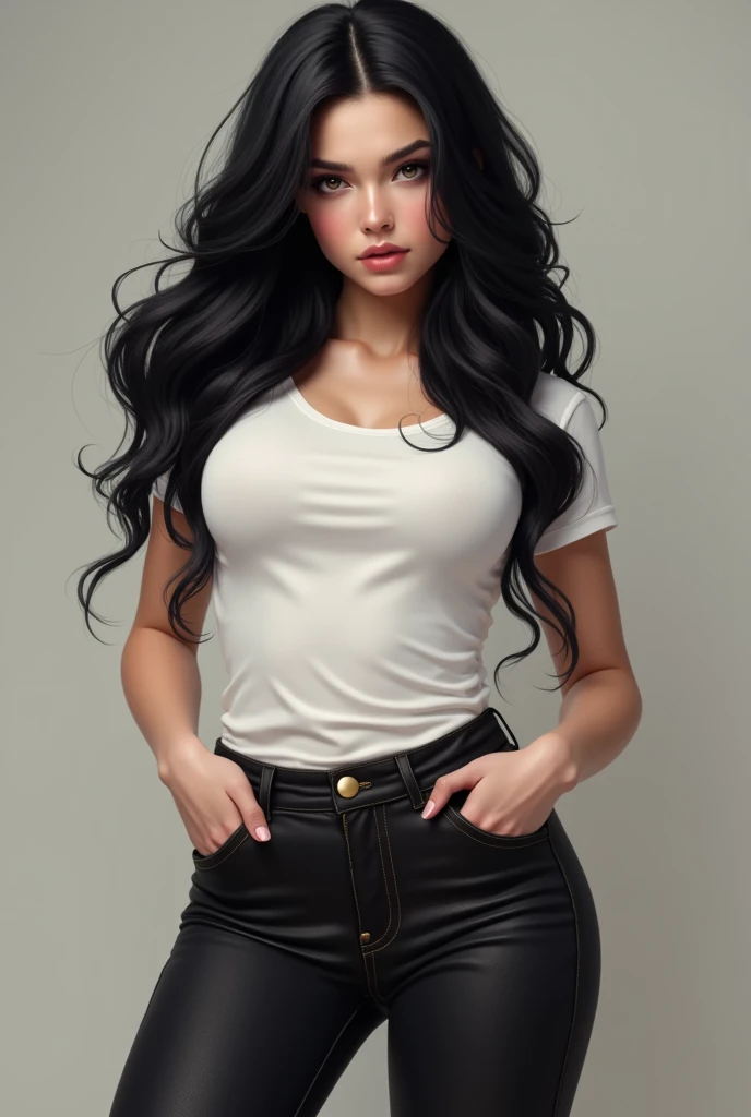 Black hair curvy girl in white button down and black leather mini skirt