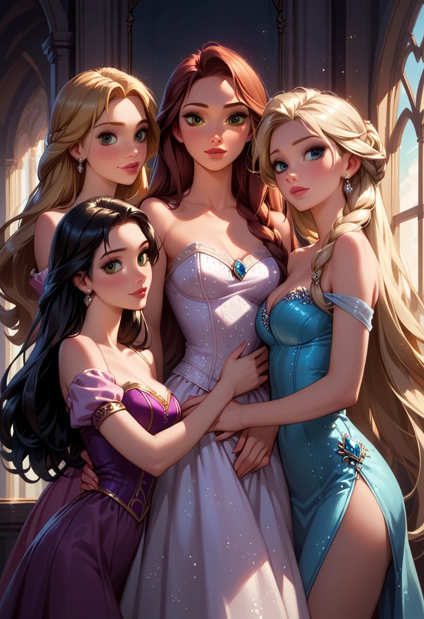 score_9, score_8_up, score_7_up, score_6_up, rating_questionable, 4girls, beautiful waifu, gorgeous Anna, Elsa, Ranpunzel, and Megara, embracing, wearing (beautiful ballgowns, bare shoulders:1.1), high heels, eyes half-closed, filled lips, thick lips, detailed eyes, detailed face, dimly lit, perfect hands, (Hand, detailed, perfect, perfection, hands:1.2), perfect proportions, simple background, (cowboy shot:1.4).