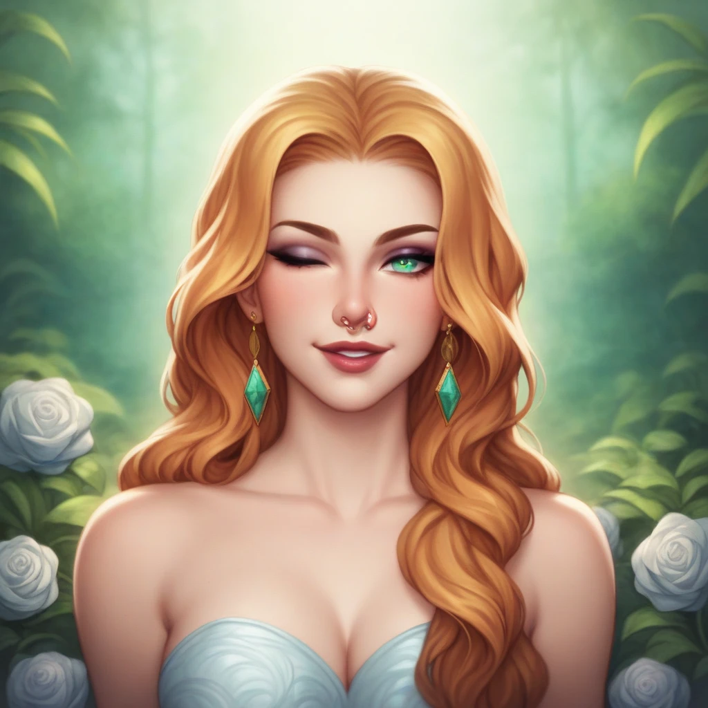 a pixar render disney style young woman wearing big glittery crystals, posing, with long curly hair, drinking champagne at sunset, in the style of realistic fantasy artwork, shiny glistening eyes, fairy academia, pastels, 32k uhd, editorial illustrations, close-up, in a Hidden Village In the fairy forest
