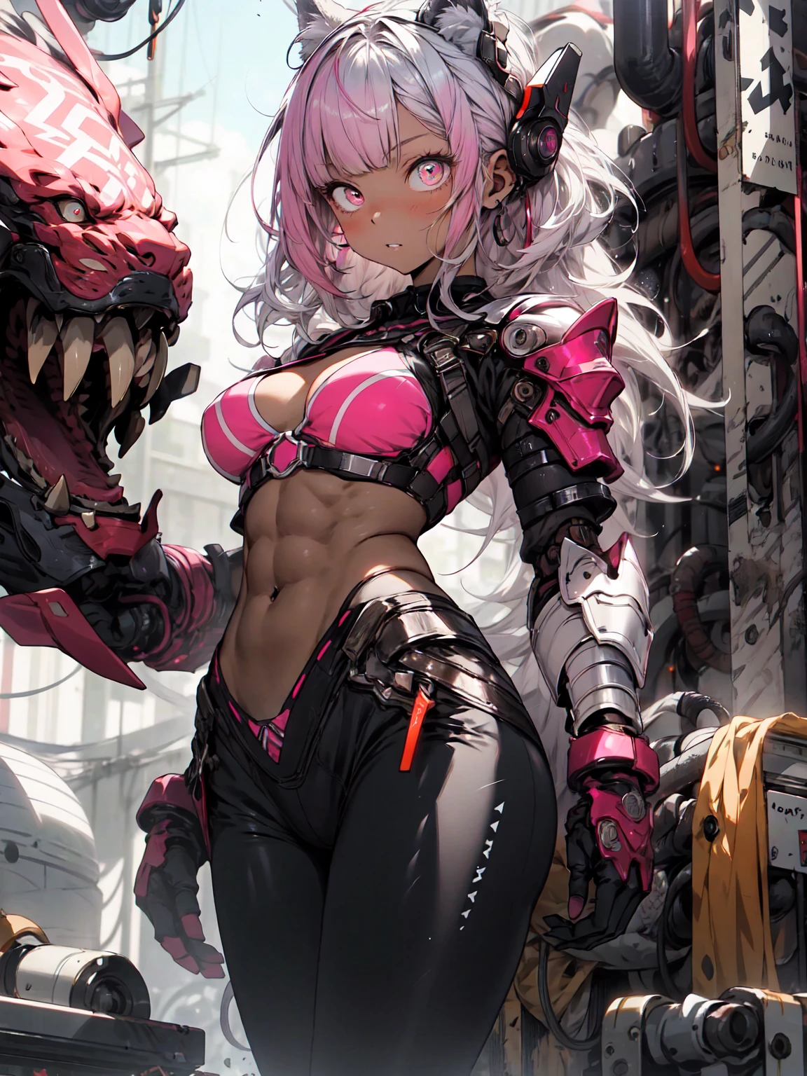 Be realistic、（masterpiece、 best quality、 best quality、 Very detailed、 fractal art、Most detailed、（ abstract background ：1.5）（1 Girl）、Kamimei、（pink wolf hair）、（puppet、Glowing red eyes、 pink hair、 dull bangs、Big Breasts、 Tight Abs 、Stunned）、 crystals、 black bikini 、Sexy、Machine Armor、 Tanned Skin、（ Pencil Skirts）、irritated eyes 