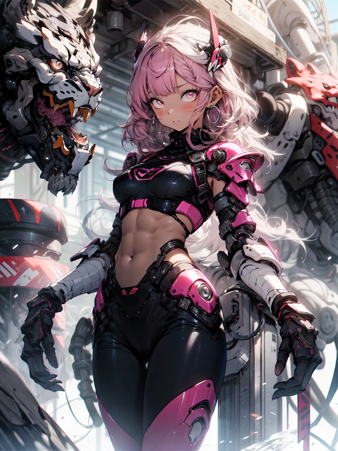 Be realistic、（masterpiece、 best quality、 best quality、 Very detailed、 fractal art、Most detailed、（ abstract background ：1.5）（1 Girl）、Kamimei、（pink wolf hair）、（puppet、Glowing red eyes、 pink hair、 dull bangs、Big Breasts、 Tight Abs 、Stunned）、 crystals、 black bikini 、Sexy、Machine Armor、 Tanned Skin、（ Pencil Skirts）、irritated eyes 