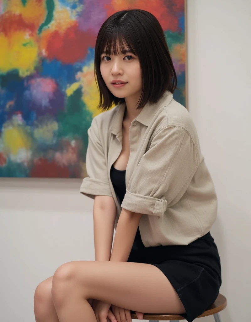 An attractive Asian model with short, black bob hair is wearing a man's oversized linen shirt and black shorts, sitting confidently on a simple stool. The woman is looking to the side (open chest to emphasize her breasts: 1.4) and sitting with her legs crossed (1.4). The woman is very thin and beautiful (large breasts: 1.4). The small, long face, thin lips, long limbs, (accurate depiction of fingers), detailed skin, detailed costume, impressive three-dimensional depiction of light and shadow, realistic colors, soft light and dark shadows are effectively depicted, and in the background there is a large (abstract painting 1.4) painted on the wall with various colors, giving depth to the scene. The style expresses the beauty of the woman's appearance, and the woman's facial expression expresses confidence. High quality 8K image. Depth of field, the focus is on the woman and the wall behind her.