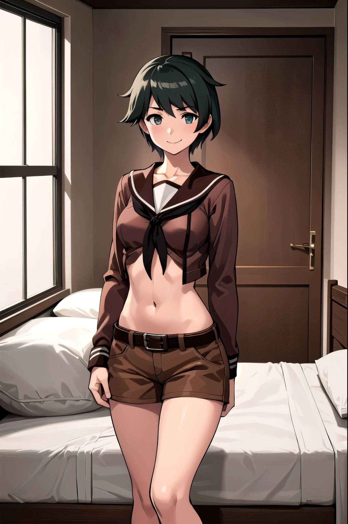  1 girl ,Alone,
Best \(Kantai Collection\),
Brown shorts, belt,  medium breasts,  good,
indoor,  on the bed , ,  Evil Smiles ,