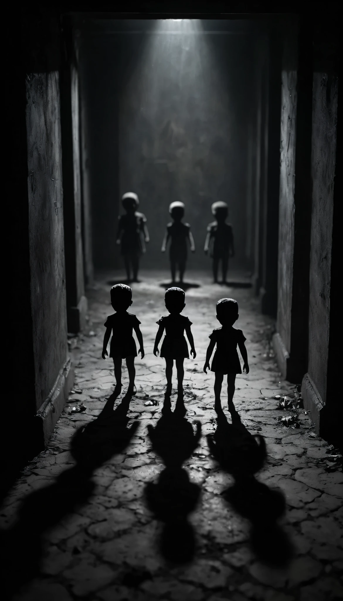 Create a creepy and suspenseful image featuring small, frightened figures. Place these figures in a dark and eerie setting, with subtle shadows and a sense of foreboding. Ensure the figures appear frightened, conveying a sense of vulnerability and fear. Surround them with a mysterious atmosphere to enhance the suspense