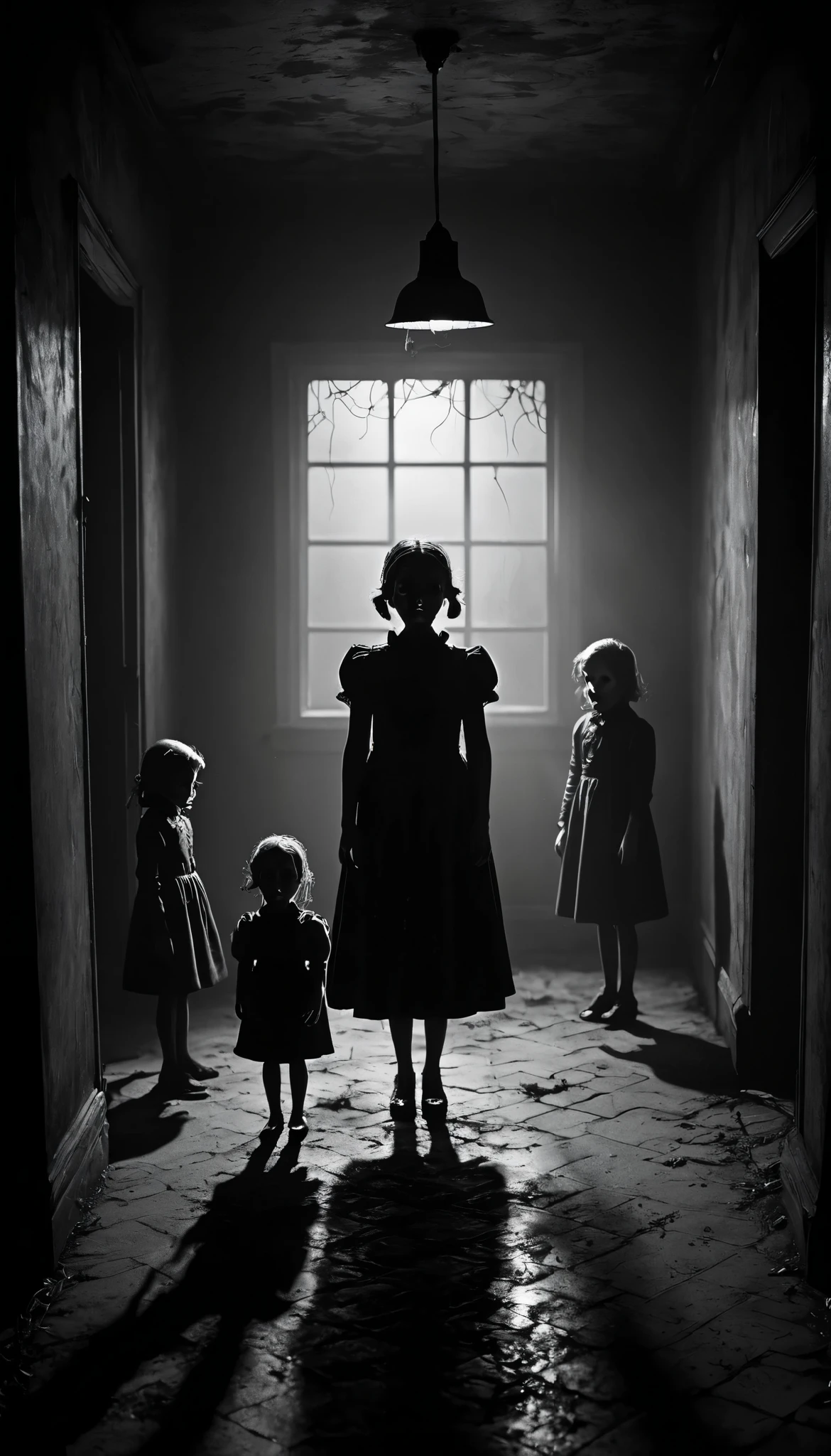 Create a creepy and suspenseful image featuring small, frightened figures. Place these figures in a dark and eerie setting, with subtle shadows and a sense of foreboding. Ensure the figures appear frightened, conveying a sense of vulnerability and fear. Surround them with a mysterious atmosphere to enhance the suspense