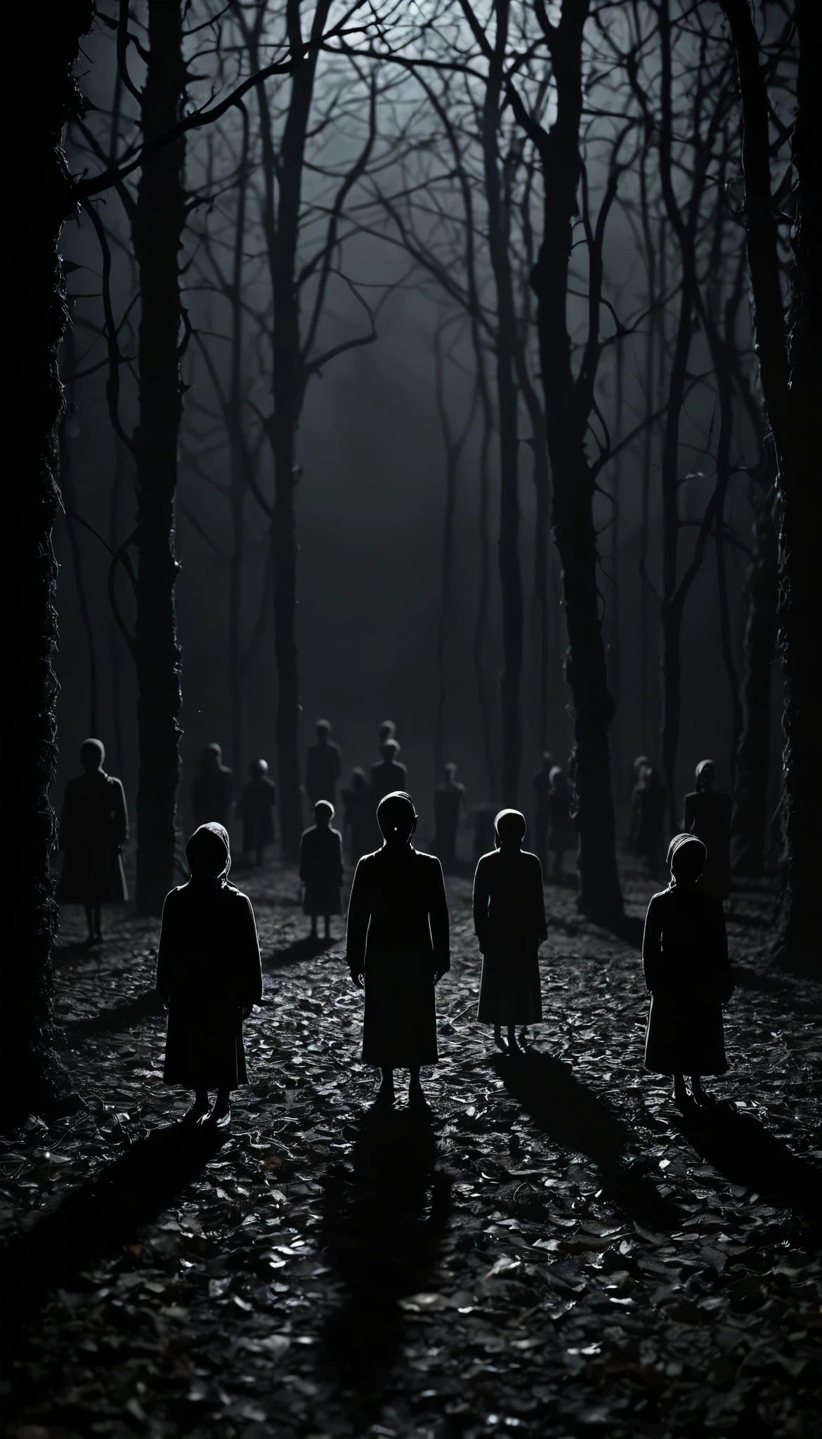 Create a creepy and suspenseful image featuring small, frightened figures. Place these figures in a dark and eerie setting, with subtle shadows and a sense of foreboding. Ensure the figures appear frightened, conveying a sense of vulnerability and fear. Surround them with a mysterious atmosphere to enhance the suspense