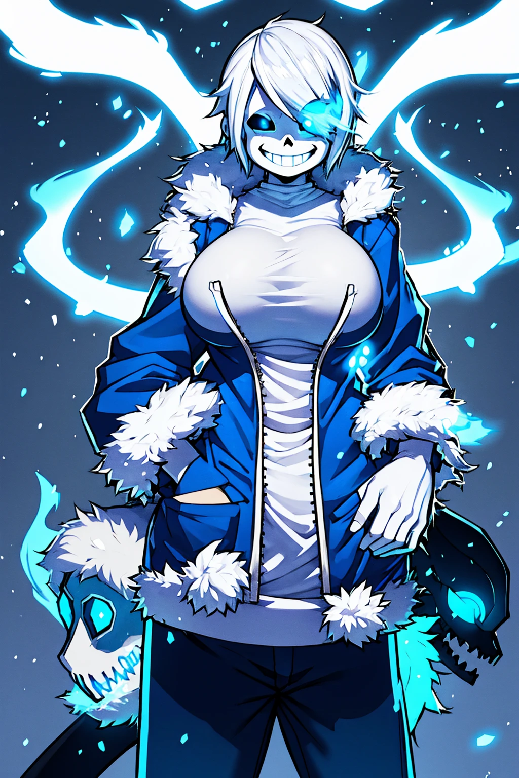 Toby Fox Undertale Sans Blue Jacket , Fire Eyes Skull Smile White Short Hair Luminous Face Blue Dragon Bone Cannon One Person Standing In Snow Town Femininefull Super huge big breasts breast enlargement