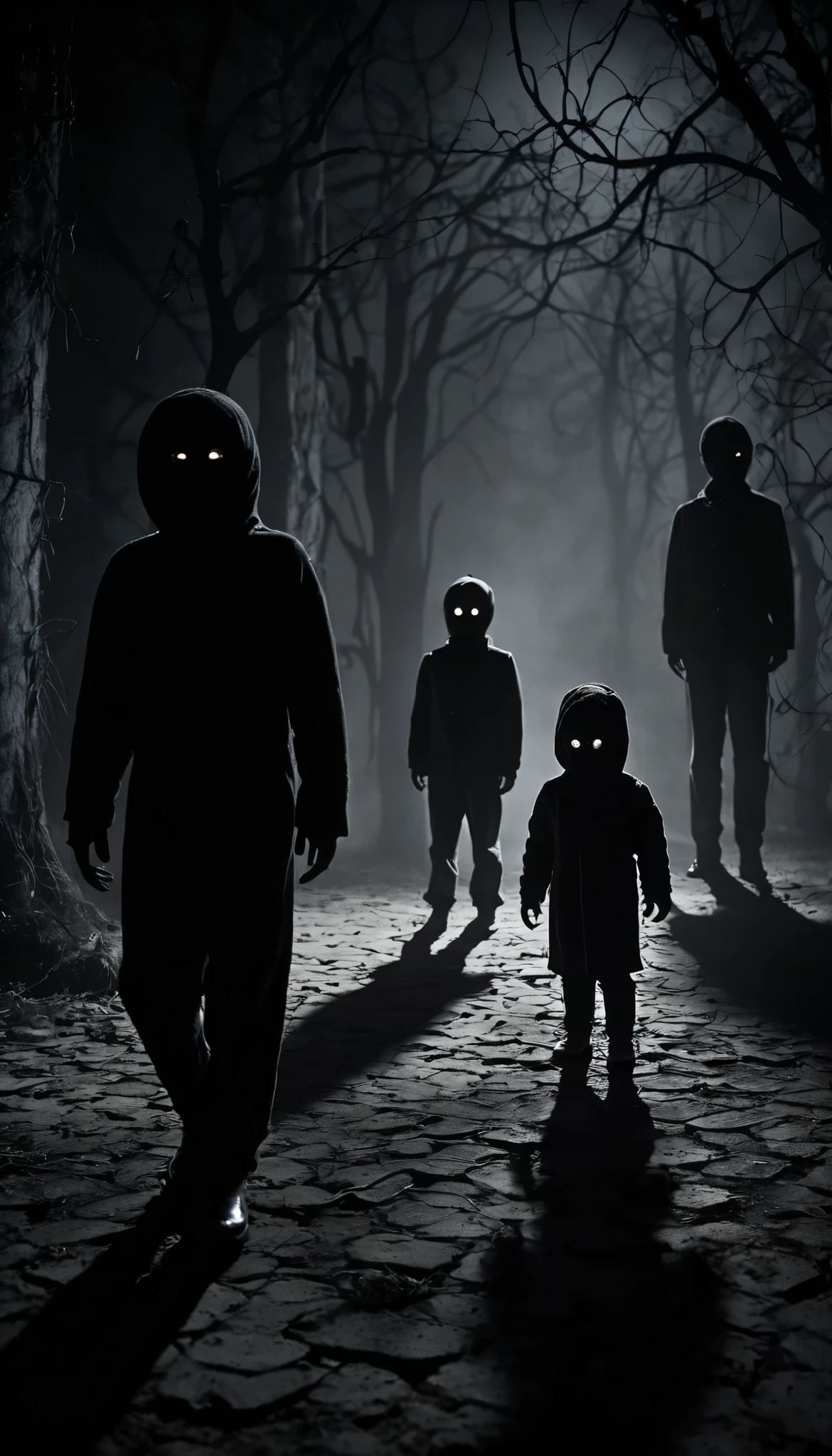 Create a creepy and suspenseful image featuring small, frightened figures. Place these figures in a dark and eerie setting, with subtle shadows and a sense of foreboding. Ensure the figures appear frightened, conveying a sense of vulnerability and fear. Surround them with a mysterious atmosphere to enhance the suspense