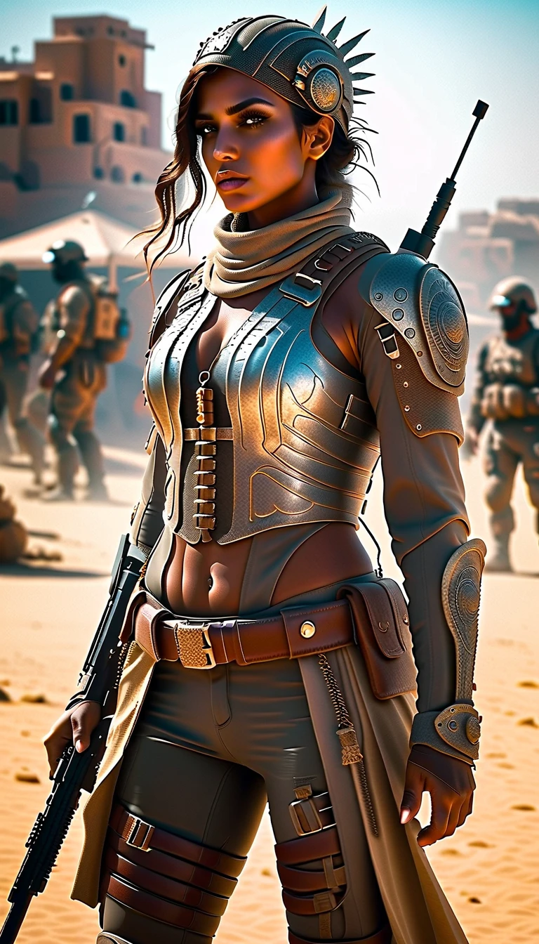 Full body back view, highly detailed and photorealistic depiction of a Persian female post-apocalyptic warrior. She exudes confidence and resilience, wearing a scratched silver combat suit with intricate biomechanical details and a weathered leather jacket layered over her armor. Wearing a hat with crow feathers , apocalyptic soldier gear, with subtle tactical designs. The outfit includes gradient lighting effects reflecting off metallic surfaces, emphasizing the advanced technology of her attire. Her ensemble combines elegance and functionality, adorned with carefully detailed straps, holsters, and protective gear. She carries a futuristic weapon, a hybrid rifle with glowing accents. Her boots are reinforced with rugged detailing, suitable for traversing harsh terrains. The background shows a post-apocalyptic urban wasteland bathed in dramatic lighting, with dust and ruins framing the scene. Barbed wire wrapped around the character, The character is ready for action, her determined gaze capturing the spirit of survival. Perfect for a dynamic shooter game character.
