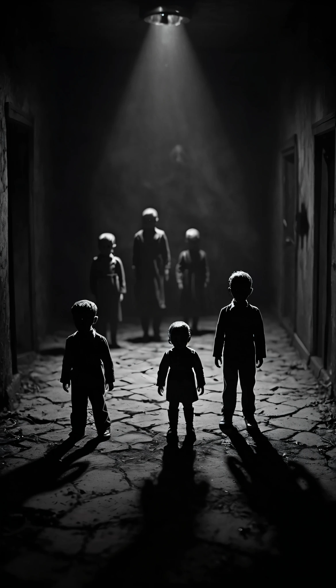 Create a creepy and suspenseful image featuring small, frightened figures. Place these figures in a dark and eerie setting, with subtle shadows and a sense of foreboding. Ensure the figures appear frightened, conveying a sense of vulnerability and fear. Surround them with a mysterious atmosphere to enhance the suspense