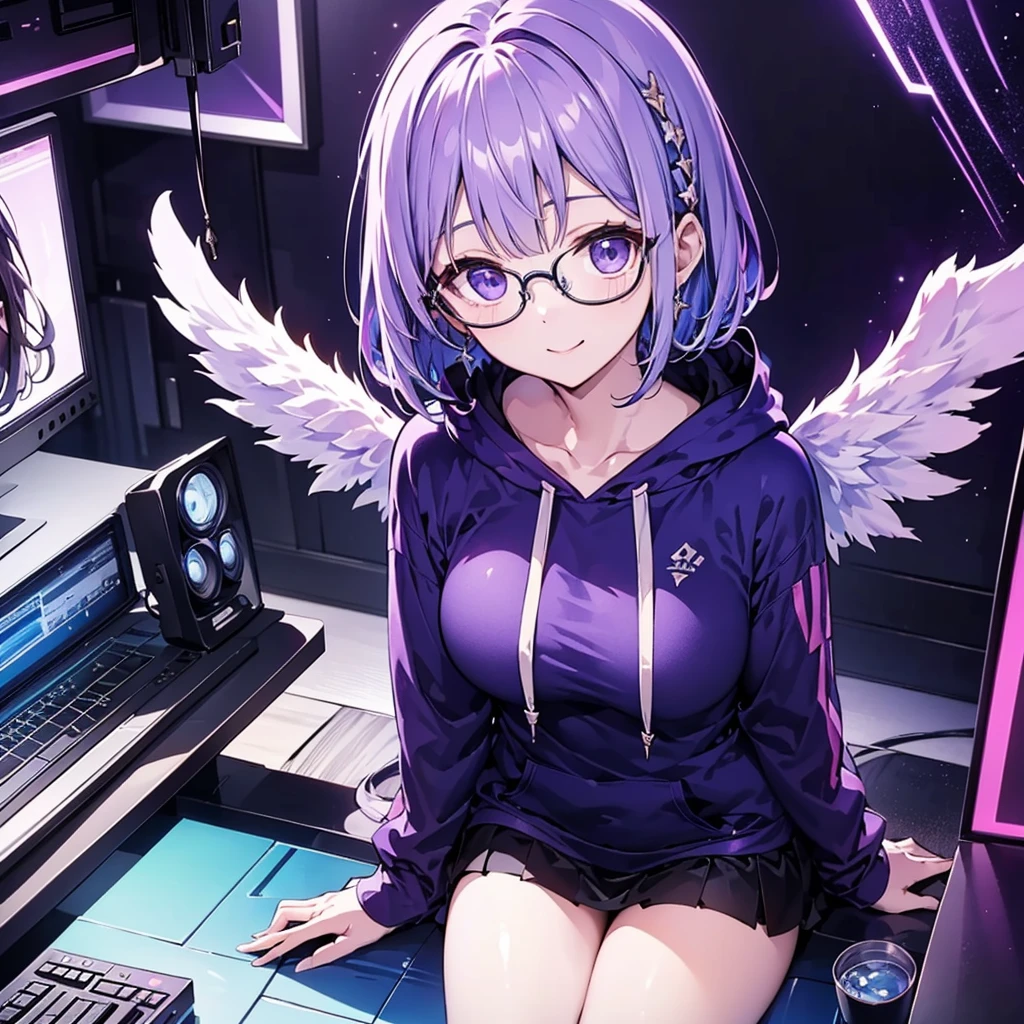  with a silver light cube floating in the right hand 1.7、solo1.8、 High Quality、Bird's-eye view from above composition 1 .7、Seiko no Hand 1 .5、 black bob cut、 sitting on the purple cube in front of the monitor 、black simple hoodie and purple mini skirt 1.6、 Fleshy Thighs 1 .3、Angel Girl Sandalphone 1 .8、Confident smile without opening her mouth1 .1、black rimmed glasses 1.4、dark room 1 .8