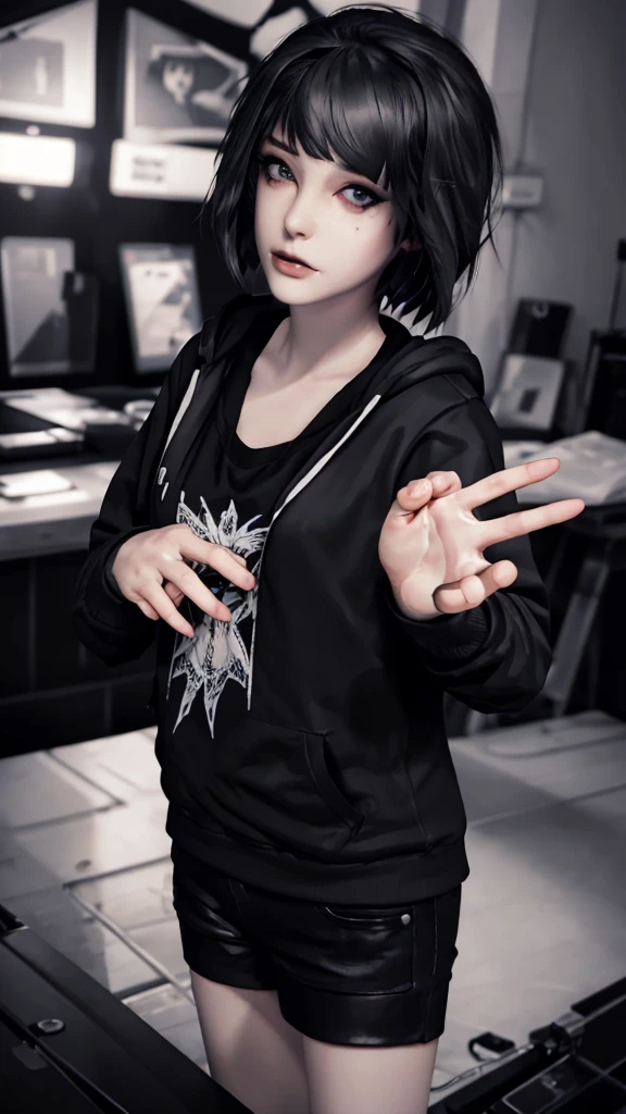 Maxine Caufield, 1-person, black lipstick, eyeliner, eye shadow, mascara, smoky eyes, black lips, natural lighting, black lips, sweatshirt, sweetheart, realistic, perfect, excellent quality, high definition, RAW, hood-up, concealed identity, tired eyes, baggy eyes, selfie expression, solo., realism, HD, 4K, 8K, UHD, anatomically correct, masterpiece, accurate, high quality, highres, award winning, super detail, looking at viewer, humanoid, 5 fingers each hand, pair of hands, depth of field,