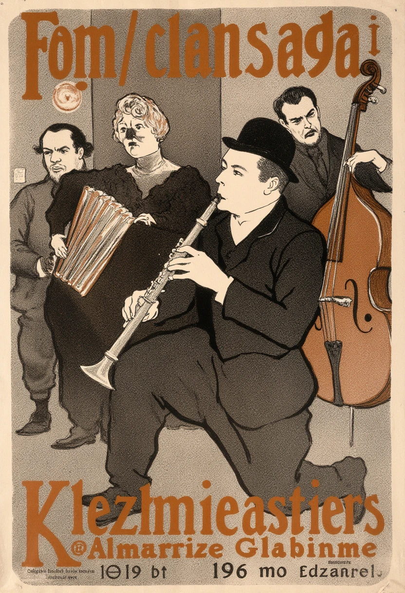 Vintage 1890s poster featuring a live Jewish klezmer band. Artist Henri de Toulouse-Lautrec captures the essence of the era with his unique, gritty drawing style. The man prominently plays the clarinet while the other musicians, including the woman accordionist and man bassist, are in the background. The overall design is in black and brown, with a sense of movement and energy. The poster's rough edges and shabby appearance add to its historical charm.