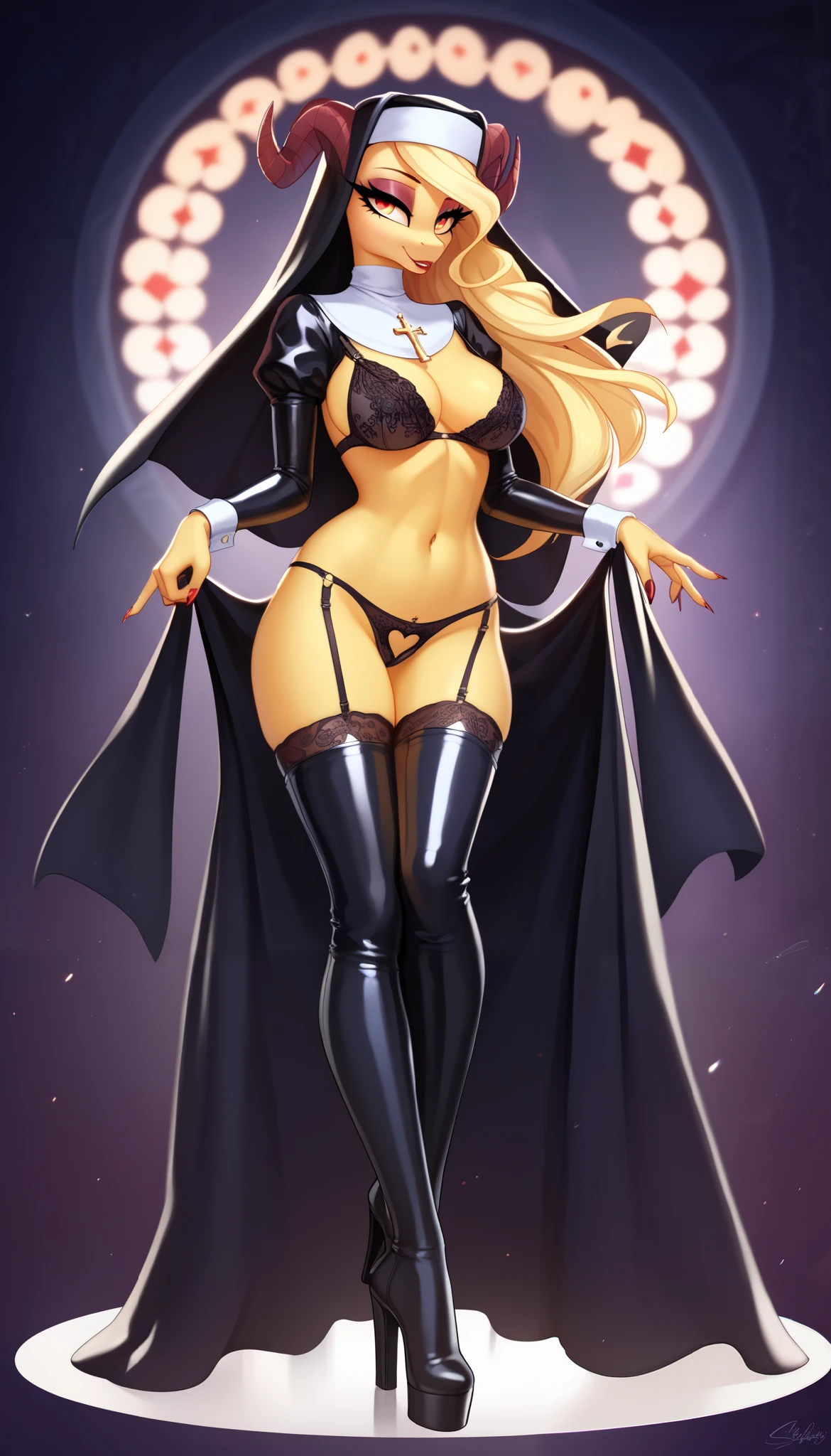 score_9, score_8_up, score_7_up, blonde, lust girl, succubus, devil girl, horny girl, female focus, anthro, mlp, mlp style, skimpy black nun outfit, nun hat, (intricate elegant highly detailed underwear, latex, bra). sexy pose. overknee-high boots, full body, (Perfect Anatomy), Masterpiece, Ultra High Quality, 8k, masterpiece, Highest quality, Ultra-high resolution, Maximum resolution, Very detailed, Professional Lighting, anime, so beautiful, Highly detailed eye, Highly detailed face,
