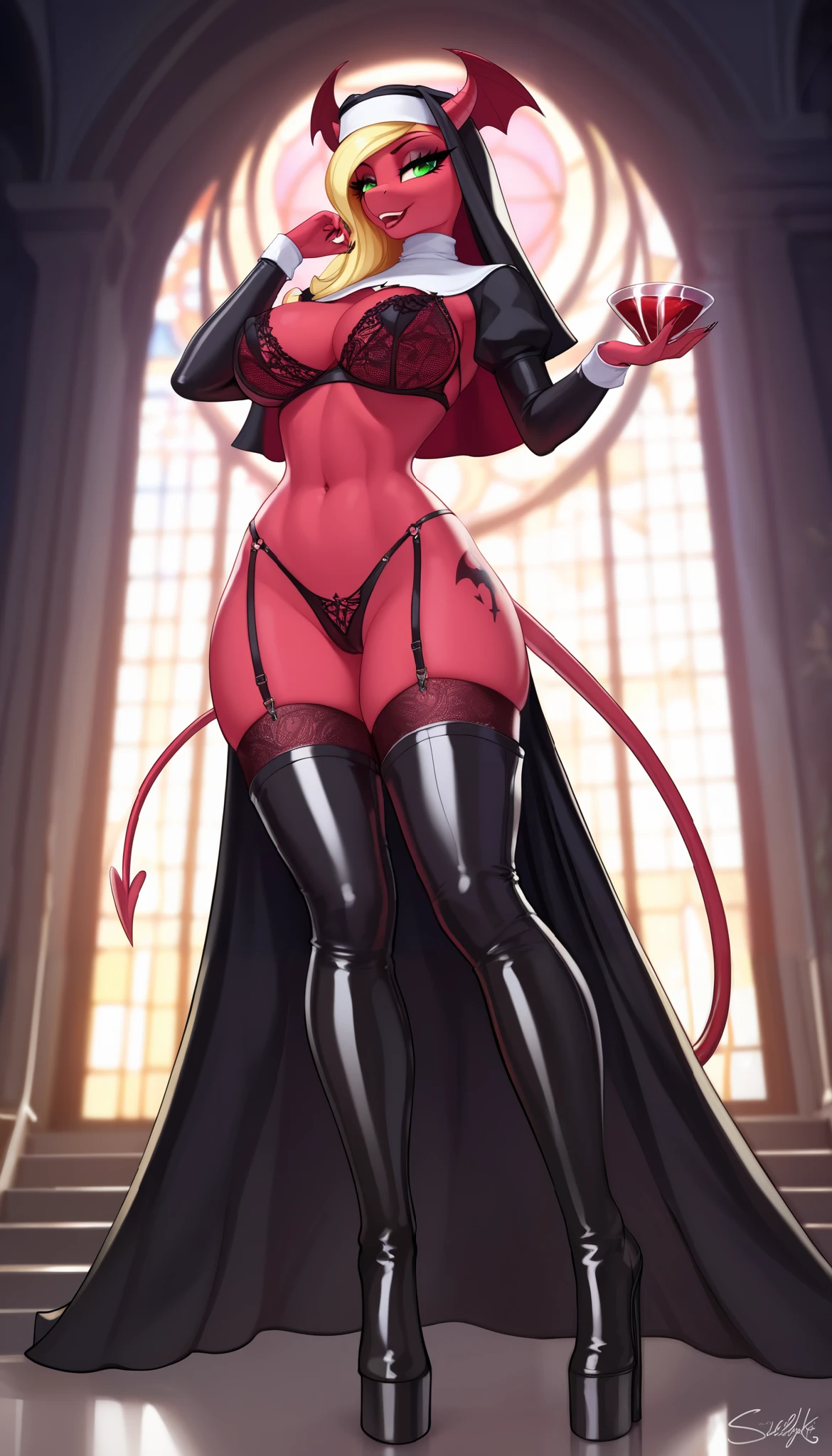 score_9, score_8_up, score_7_up, blonde, lust girl, succubus, devil girl, horny girl, female focus, anthro, mlp, mlp style, skimpy black nun outfit, nun hat, (intricate elegant highly detailed underwear, latex, bra). sexy pose. overknee-high boots, full body, (Perfect Anatomy), Masterpiece, Ultra High Quality, 8k, masterpiece, Highest quality, Ultra-high resolution, Maximum resolution, Very detailed, Professional Lighting, anime, so beautiful, Highly detailed eye, Highly detailed face,
