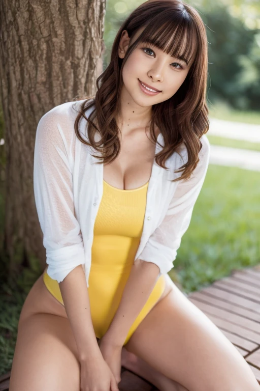 One Girl,A beautiful girl is wearing a gold and yellow ボーダーonepiece  swimsuit,  Perfect body,, The background is all white,  Highly detailed face, Beautiful Eyes, Beautiful Lips, Double eyelids, A kind smile,  Sunburn, Pubic hair tips, (Best Quality, 8k, masterpiece:1.3), Front and full body shot,  pussy line, positive, Spread your legs,Long wavy wolf hair，Blonde