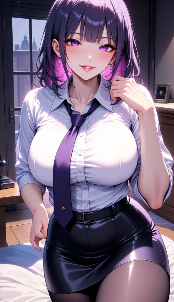 purple eyes, (highest quality, masterpiece painting:1.3), Oboro, mature woman, 26 years old, (half body shot:1.3), , school uniform, (fascinating look:1.5), purple hair, short hair, layered bob hair, (big breasts:1.2), (tight waist:1.1), cleavage, perfect body, (athlete body:1.1), soft skin, anime face, perfect face, (perfect eyes:1.3), shining eyes, purple iris, anime eyes, smoky eyeliner, eye shadow, Asian, looking at the viewer, smart, whiteboard background, classroom, sharp focus, intricate details, professional artwork, (Bright colors:1.1), Bright colors, diffused lighting, digital blending, Super detailed body, ultra detail hair, super detailed face, It&#39;s trending on pixiv, top button opened, shy girl, Cute gaze, compensate, purple lipstick, perfect lips, perfect compensate, Super precise painting,