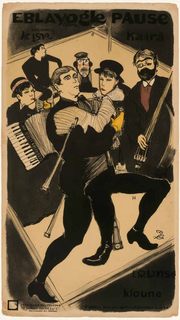 Vintage 1890s poster featuring a live Jewish klezmer band. Artist Henri de Toulouse-Lautrec captures the essence of the era with his unique, gritty drawing style. The man prominently plays the clarinet while the other musicians, including the woman accordionist and man bassist, are in the background. The overall design is in black and brown, with a sense of movement and energy. The poster's rough edges and shabby appearance add to its historical charm.