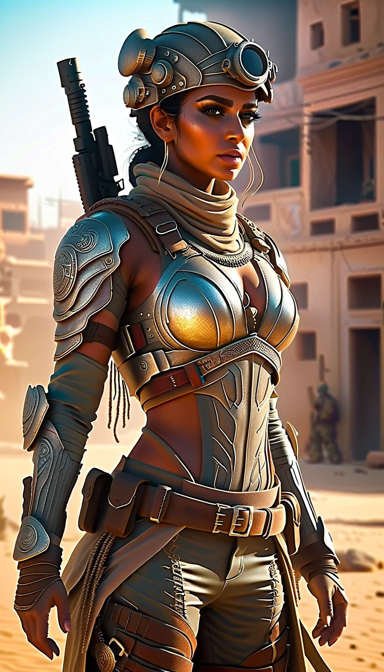 Full body back view, highly detailed and photorealistic depiction of a Persian female post-apocalyptic warrior. She exudes confidence and resilience, wearing a scratched silver combat suit with intricate biomechanical details and a weathered leather jacket layered over her armor. Wearing a hat with crow feathers , apocalyptic soldier gear, with subtle tactical designs. The outfit includes gradient lighting effects reflecting off metallic surfaces, emphasizing the advanced technology of her attire. Her ensemble combines elegance and functionality, adorned with carefully detailed straps, holsters, and protective gear. She carries a futuristic weapon, a hybrid rifle with glowing accents. Her boots are reinforced with rugged detailing, suitable for traversing harsh terrains. The background shows a post-apocalyptic urban wasteland bathed in dramatic lighting, with dust and ruins framing the scene. Barbed wire wrapped around the character, The character is ready for action, her determined gaze capturing the spirit of survival. Perfect for a dynamic shooter game character.
