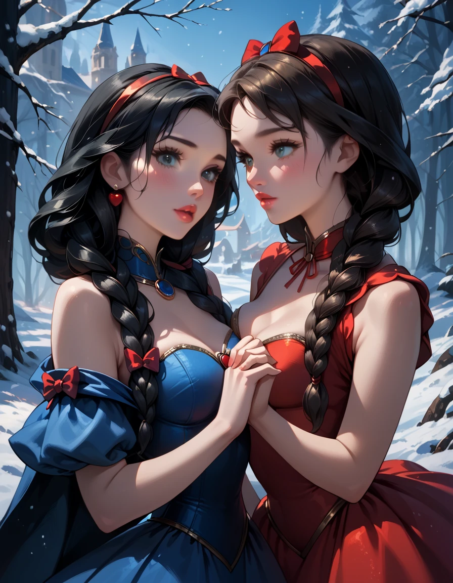 score_9, score_8_up, score_7_up, score_6_up, rating_explicit, source_cartoon, 2girls, duo, beautiful waifu, very sexy (Disney's Snow White, black hair, light skin:1.4), and very sexy (Anna, brown hair, braided pigtails:1.2), wearing (elegant Qipao dress, sleeveless, bare shoulders:1.1), eyes half-closed, filled lips, thick lips, detailed eyes, detailed face, perfect hands, (Hand, detailed, perfect, perfection, hands:1.2), perfect proportions, simple background.