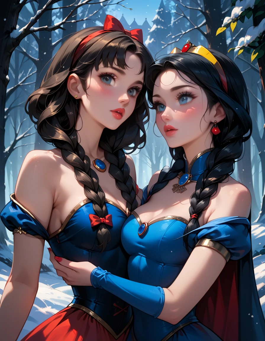 score_9, score_8_up, score_7_up, score_6_up, rating_explicit, source_cartoon, 2girls, duo, beautiful waifu, very sexy (Disney's Snow White, black hair, light skin:1.4), and very sexy (Anna, brown hair, braided pigtails:1.2), wearing (elegant Qipao dress, sleeveless, bare shoulders:1.1), eyes half-closed, filled lips, thick lips, detailed eyes, detailed face, perfect hands, (Hand, detailed, perfect, perfection, hands:1.2), perfect proportions, simple background.