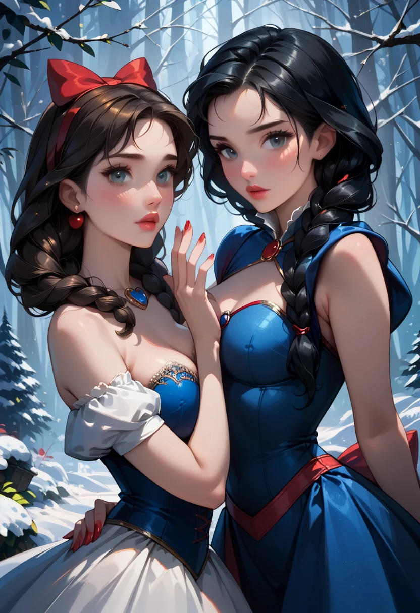 score_9, score_8_up, score_7_up, score_6_up, rating_explicit, source_cartoon, 2girls, duo, beautiful waifu, very sexy (Disney's Snow White, black hair, light skin:1.4), and very sexy (Anna, brown hair, braided pigtails:1.2), wearing (elegant Qipao dress, sleeveless, bare shoulders:1.1), eyes half-closed, filled lips, thick lips, detailed eyes, detailed face, perfect hands, (Hand, detailed, perfect, perfection, hands:1.2), perfect proportions, simple background.