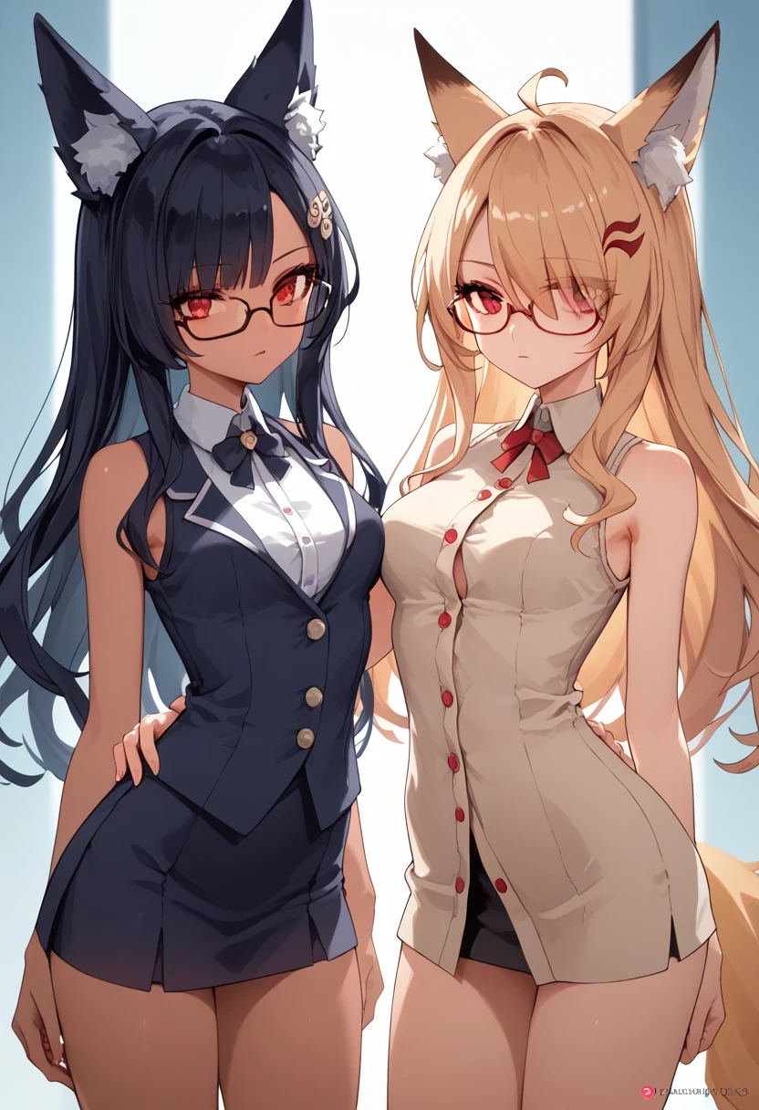 dark skin, Hair covers the eye, rpg, Sperm, bare shoulders, 2 girls, long golden hair, 4K, red eyes , , fox ears, standing, hair pattern,  red stripes on face, makeup, black mascara, neckline, unbuttoned buttons, sleeveless, brassiere, short dress, glasses, at school, страх, обнимают друг друга, ночной клуб, короткие платья