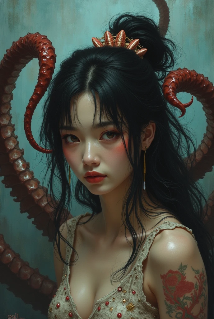 Highly detailed, High Quality, Masterpiece, beautiful, (1girl:1.5), solo, anime - style full body illustration of a woman in black long dress, deviantart, (tightly wrapped in tentacles:1.4), (squeezed:1.4), fubuki from one punch man, fine details, anime, tentacles, covered with tentacles, fubuki, tentacles around, (annoyed:1), (Disgusted:1), (Struggling;1.5)