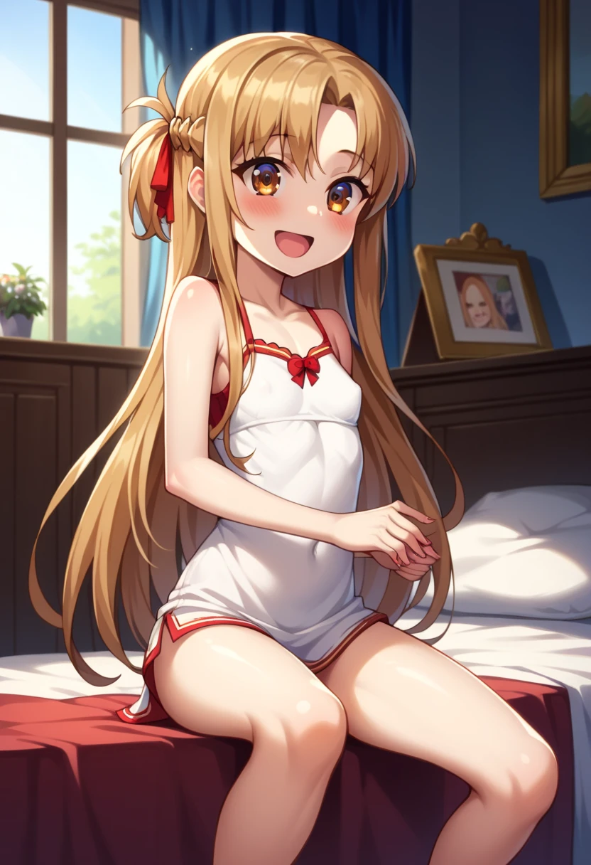 (( best quality)), ((masterpiece)), (be familiar with),  perfect face, indoor, bedroom,  watching viewers ,
One woman,  Asuna Yuki,
 characters with open mouth ,  ecstatic expression with hands in front of body, blush, smile,
Small breasts,  flat chested, Young girl, Lori,  kids,  girl,
 long hair,  long hair,
Leg spread,