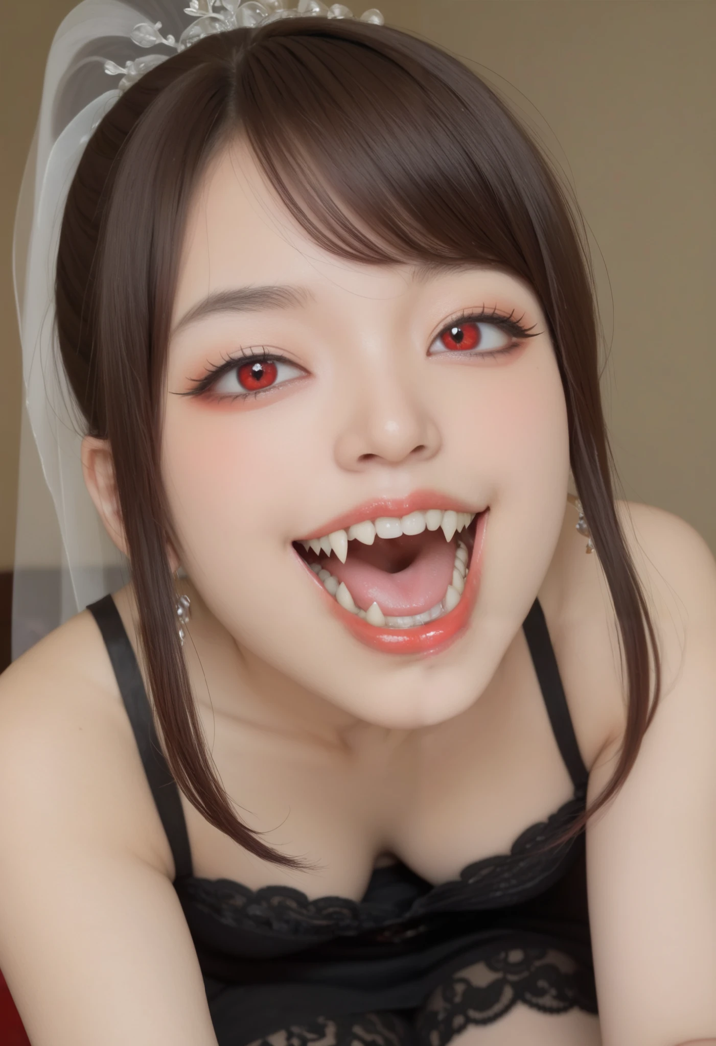  Asian people 、  multicolor wig  、 open mouth 、 brown hair、
1 person、laugh、afternoon、 white skin 、 ponytail、bona fide、Double 、 big eyes that tear、 big fangs 、Dracula、Ask、picture、 red eyes,  dark makeup ,  high resolution,  black dress 、매우  long fangs 、vampire、night、sexy、...headland、vampire、 black eye makeup、long eyelashes、 long fangs 、fake teeth 、 color contact lenses 、bride、