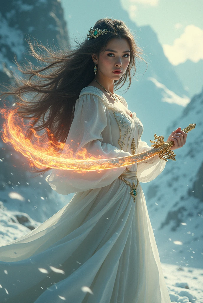 A beautiful woman with long flowing hair wielding an rainbow flaming sword, dancing in a snowy landscape, wearing a flowing white dress, adorned with emerald jewels, her confident smiling face surrounded by swirling clouds against a mountainous backdrop, (best quality,4k,8k,highres,masterpiece:1.2),ultra-detailed,(realistic,photorealistic,photo-realistic:1.37),extremely detailed eyes and face,longeyelashes,intricate ice sword,dramatic lighting,moody atmospheric,fantasy,cinematic,digital painting