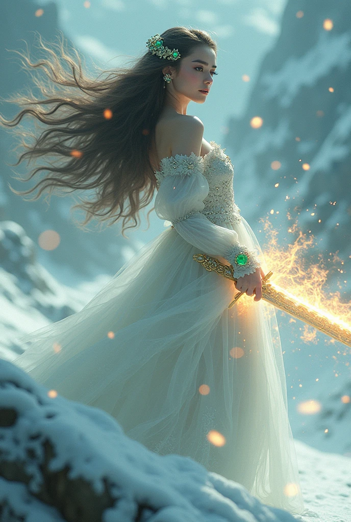 A beautiful woman with long flowing hair wielding an rainbow flaming sword, dancing in a snowy landscape, wearing a flowing white dress, adorned with emerald jewels, her confident smiling face surrounded by swirling clouds against a mountainous backdrop, (best quality,4k,8k,highres,masterpiece:1.2),ultra-detailed,(realistic,photorealistic,photo-realistic:1.37),extremely detailed eyes and face,longeyelashes,intricate ice sword,dramatic lighting,moody atmospheric,fantasy,cinematic,digital painting