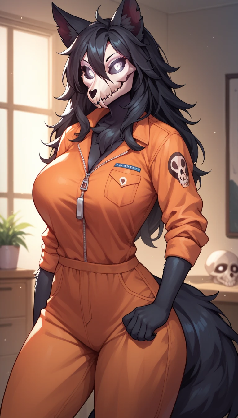 score_9, score_8_up, score_7_up, score_6_up, BREAK, MaloSCPXL, anthro furry, furry female, body fur, black fur, head skull, white eyes, glowing eyes, black sclera, black hair, long hair, hair between eyes, animal ears, black tail, large breasts, orange jumpsuit, solo, standing, looking at viewer, indoors