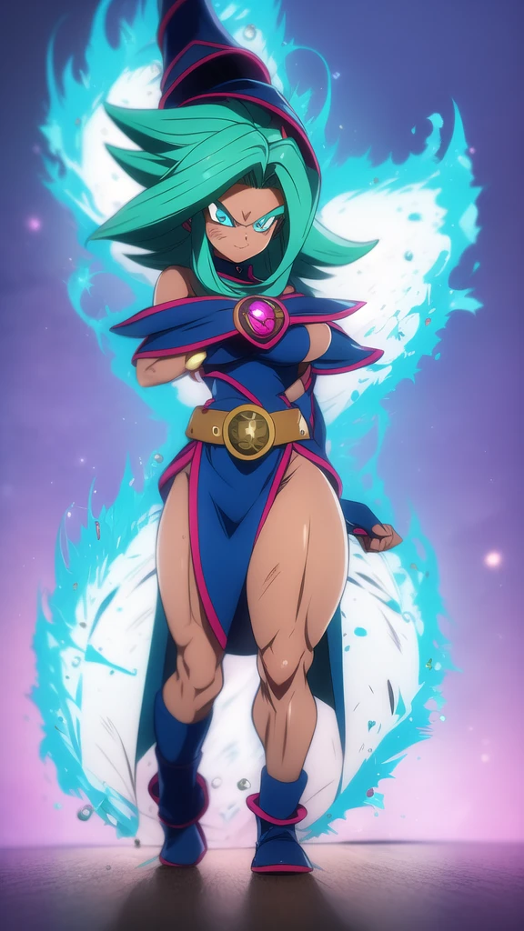 dbsuper style, 
Girl, green aura, super saiyan aura, belt, ocean-green colored hair, huge hair, bruise, bruise on face, clenched hands, frown, Mage's hat, gloves, blue eyes, grey gloves, evil grin, medium breasts, huge muscular, solo, spiked hair, super saiyan, super saiyan 4, mouth opened, furious, Dark Magician Girl cosplay, widow's preak
, ((masterpiece)) 
