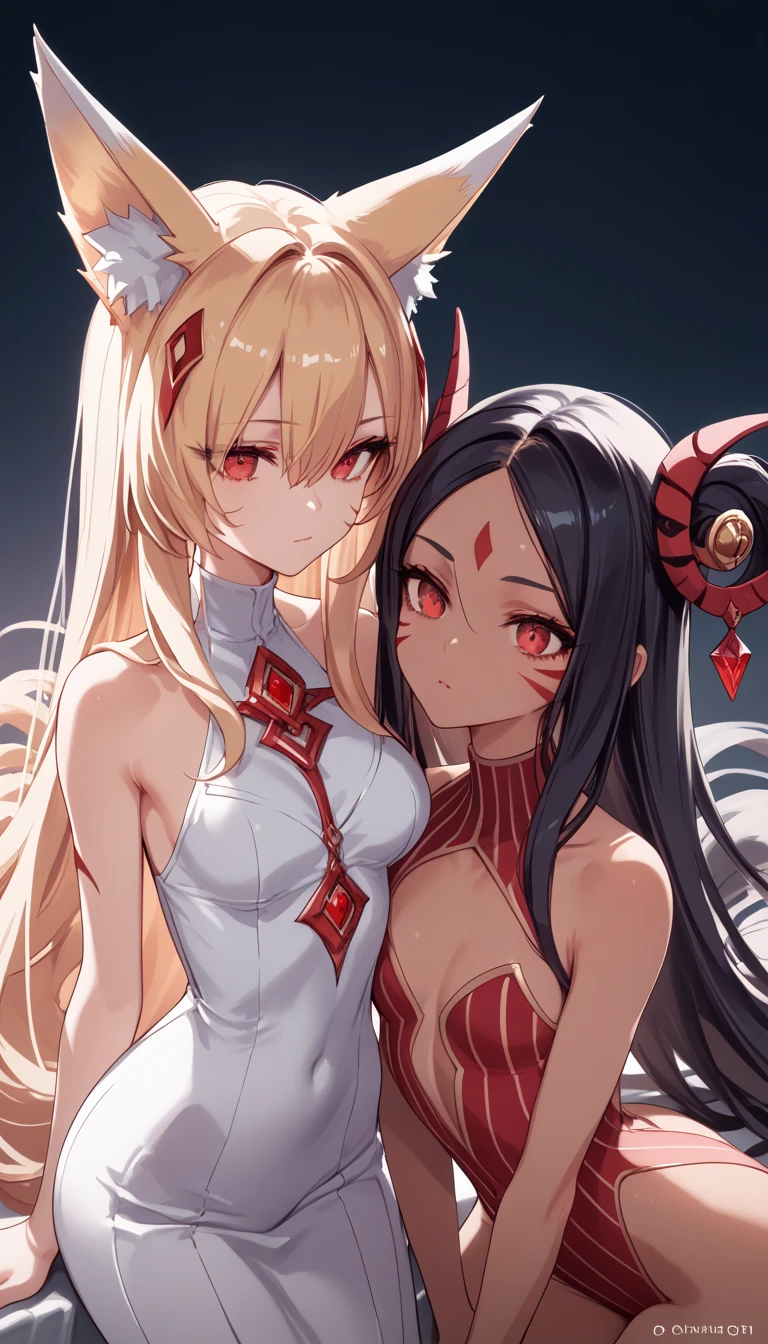  dark skin ,  hair covers the eye, rpg, bare shoulders, 1 girl,  long golden hair , 4K,  red eyes , , fox ears,  duration, hair template ,   red stripes on face,  compose, black mascara, cutout, bris iere , at school, is, revealing dress, 2 girls