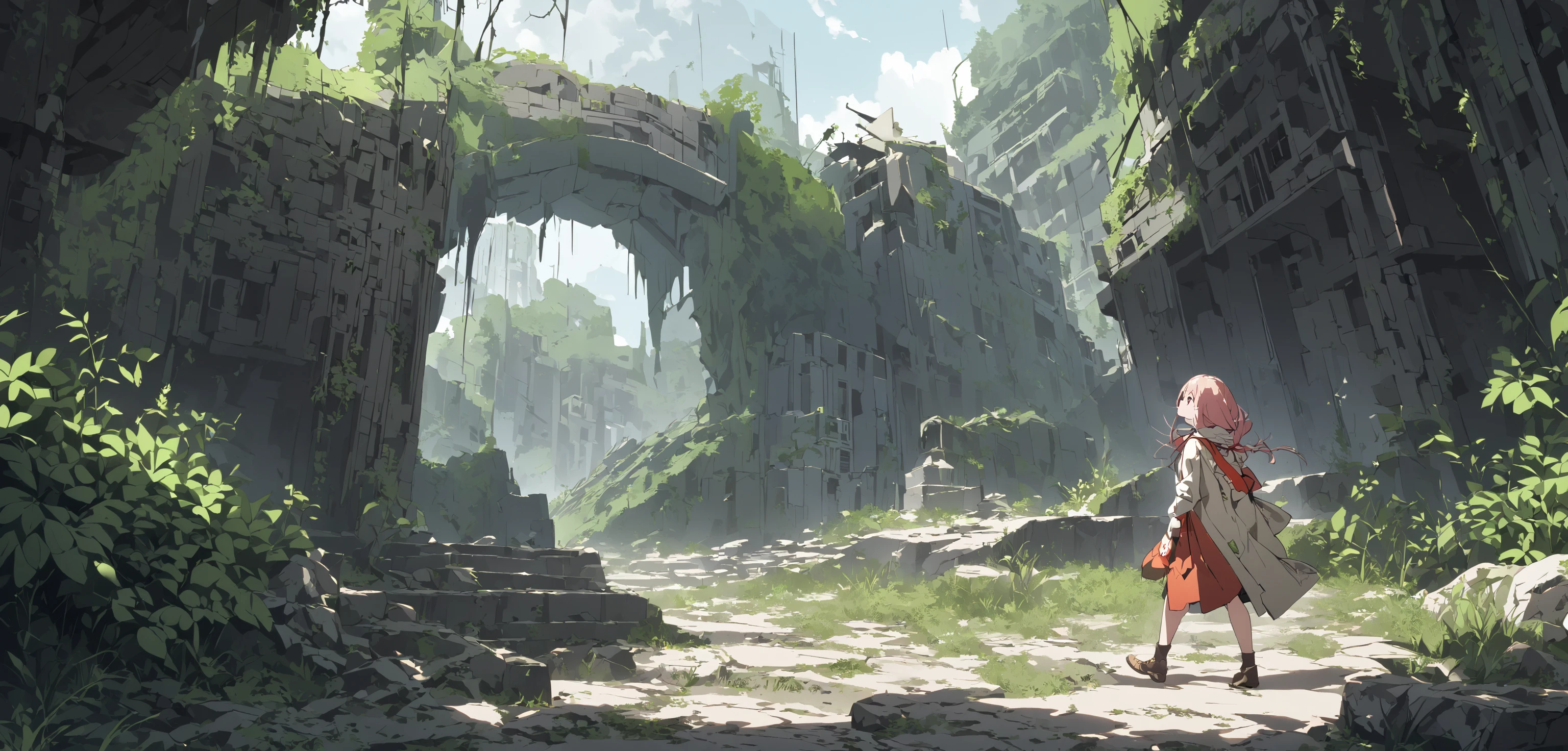 A girl walks through a ruined city　nature　Utopia