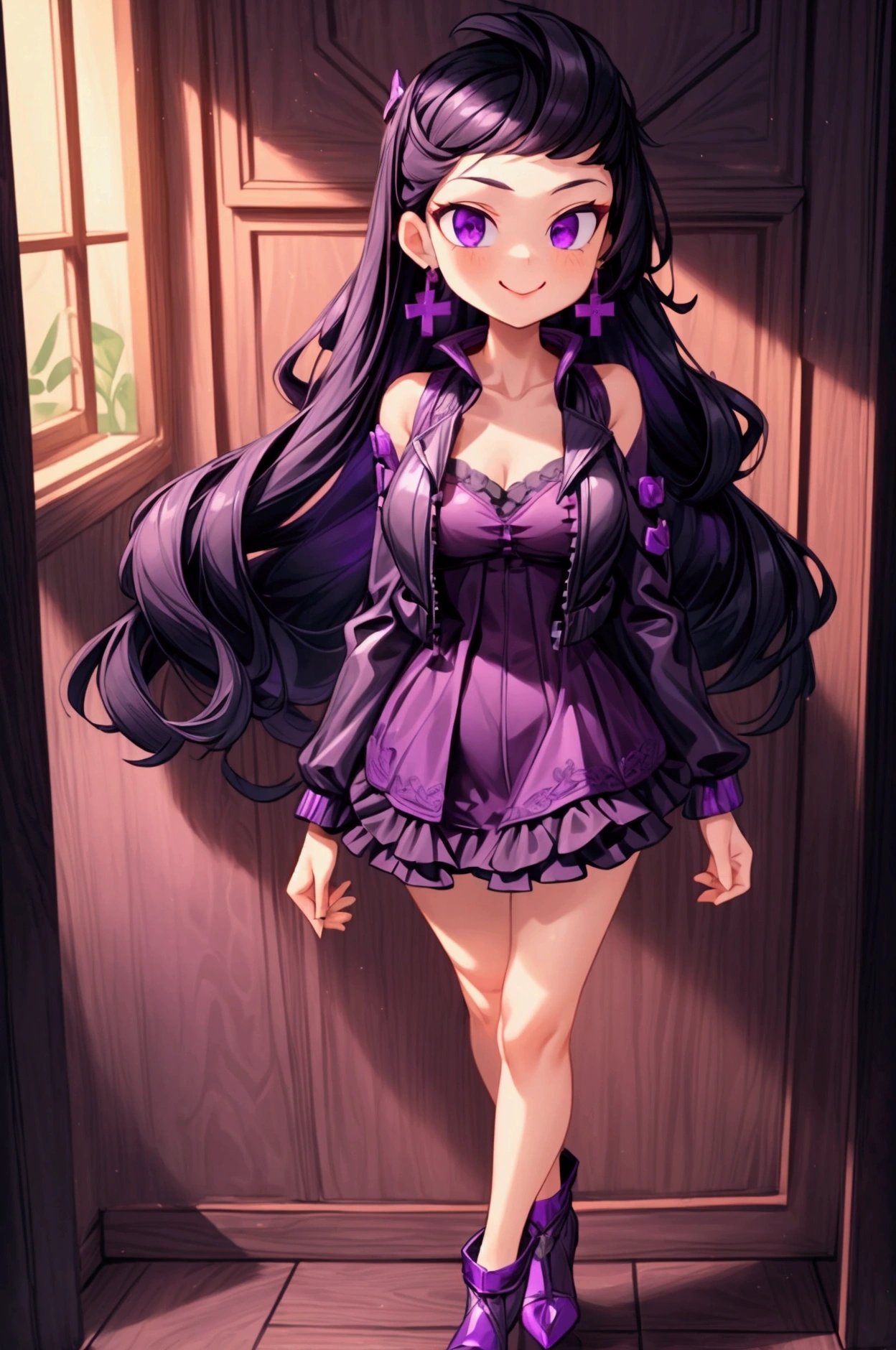 (Masterpiece, best quality) 1 girl, black hair, medium long hair, purple eyes, standing indoors with intricate details and sunlight. Purple frilled dress with short neckline, dark black biker jacket vest, black heels, cross earrings. Sweet smile, sexy pose, coquette, beautiful legs, mature body, gorgeous, pronounced breasts