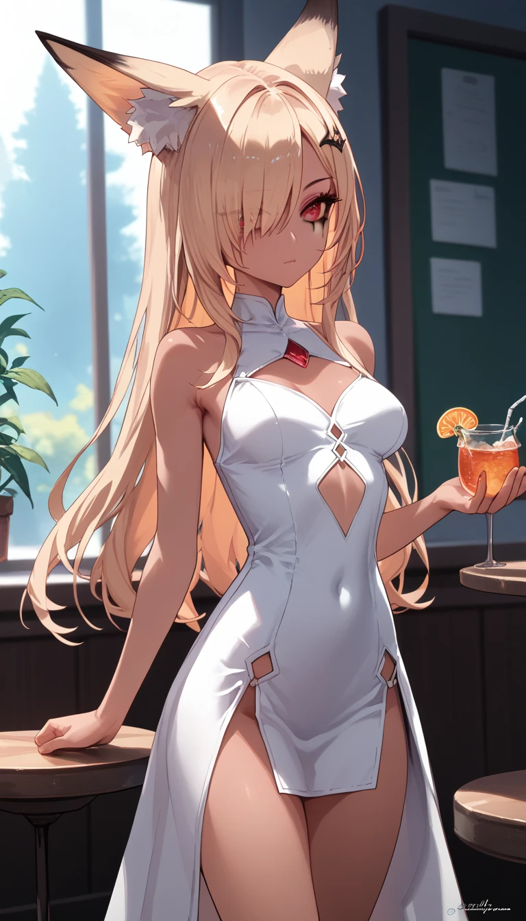  dark skin ,  hair covers the eye, rpg, bare shoulders, 1 girl,  long golden hair, 4K,  red eyes , , fox ears,  duration, hair template ,  compose, black mascara, cutout, bris iere , at school, is, revealing dress, 2 girls, a restaurant, expensive establishment 