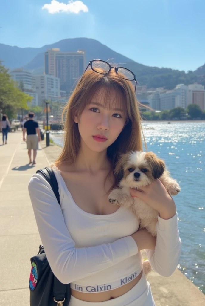 Blonde woman in tan dress kneels next to a black and white dog, ava max, queen of the sea mu yanling, amouranth, she is about 2 5 years old, she is about 20 years old, she is about 2 0 years old, shaxi, she is about 3 0 years old, she is about 30 years old