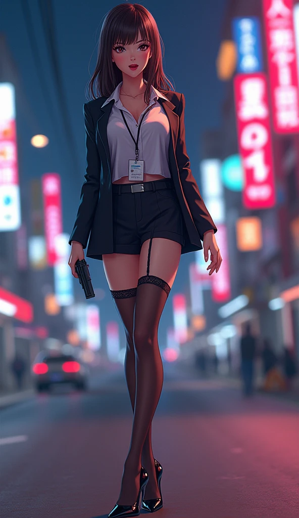 blade runner style city with a nocturnal vibe with Matrix-like aesthetic references, glowing huge clock tower as time machine, green glowing cascading code. At night, (1girl, solo, alone), photorealistic, medium-breast slim:0.6 body, oval:0.5 face, cleavage:1.1, sexy black laced bra, miniskirt, white laced panty, coat, (black micro sunglasses), (aiming with a short gun), (slightly leaning forward running pose), ((half-body thigh level medium shot)), cinematic lighting, ray tracing, radial zoom blurred background.