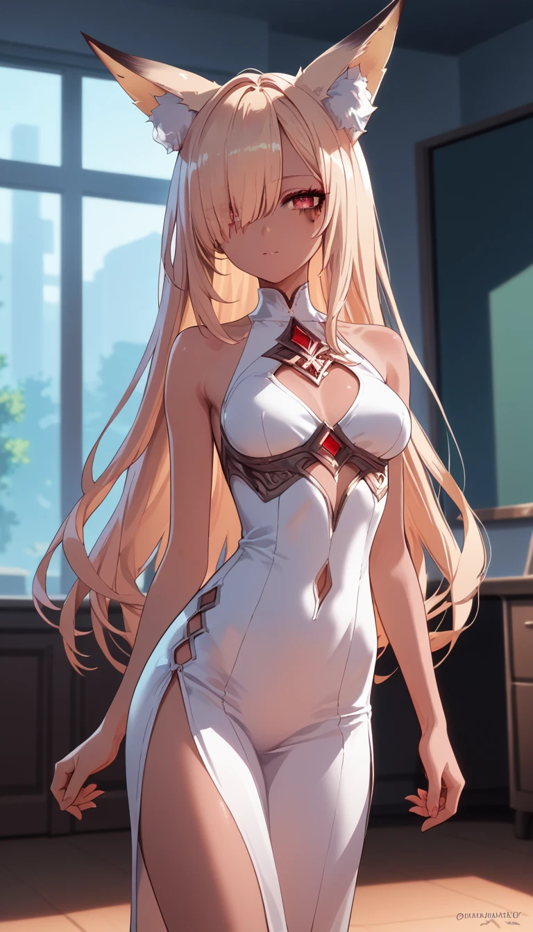  dark skin ,  hair covers the eye, rpg, bare shoulders, 1 girl,  long golden hair , 4K,  red eyes , , fox ears,  duration, hair template ,  compose, black mascara, cutout, bris iere , at school, is, revealing dress, 2 girls, hotel, decorations, expensive establishment 