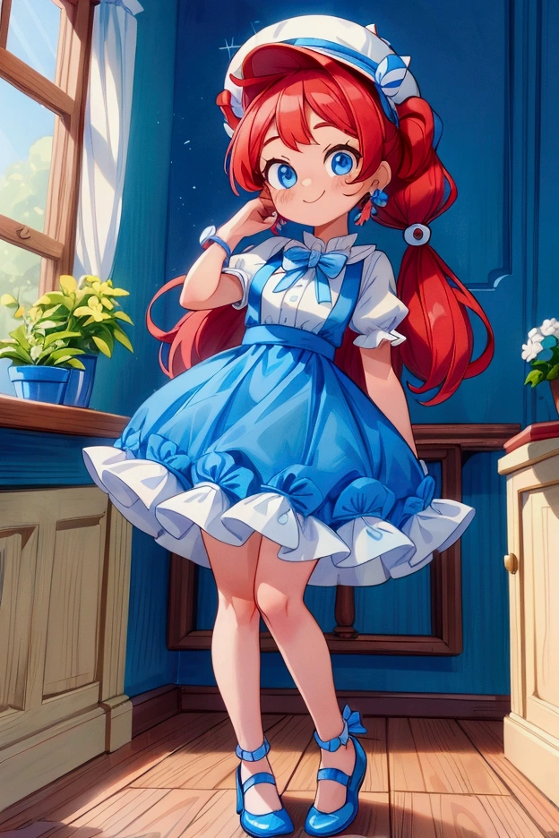 (masterpiece, best quality), 1girl, blue and white frill dress, red hair, two ponytails, cute face, blue eyes, standing, indoor, intricate detail, sunlight, cute dog hat, sexy pose, blue and white shoes, earrings, elegant hand watch, smile, coquette, gorgeous legs, mature teenager body, lovely, gorgeous body, pronounced breasts
