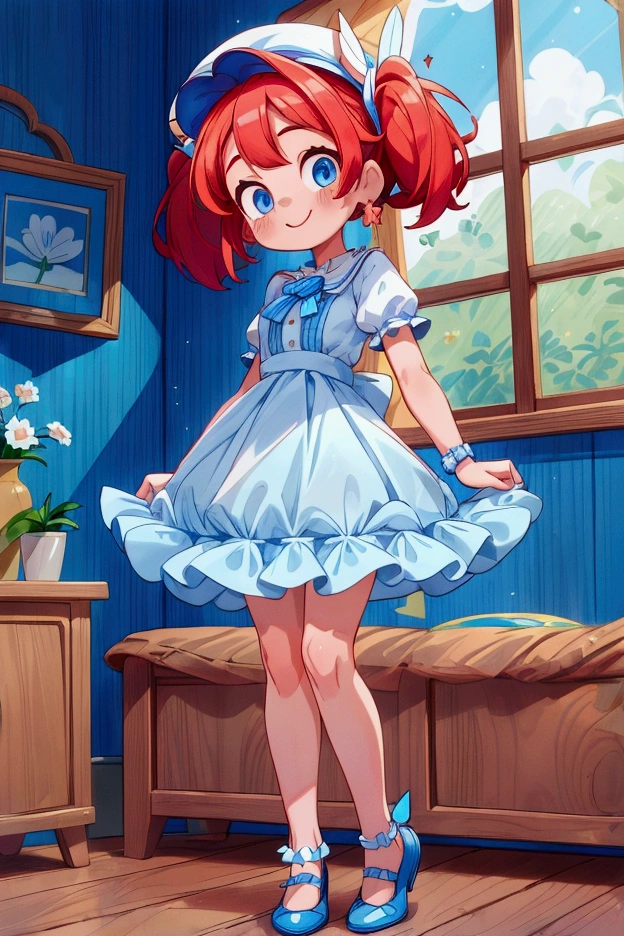 (masterpiece, best quality), 1girl, blue and white frill dress, red hair, two ponytails, cute face, blue eyes, standing, indoor, intricate detail, sunlight, cute dog hat, sexy pose, blue and white shoes, earrings, elegant hand watch, smile, coquette, gorgeous legs, mature teenager body, lovely, gorgeous body, pronounced breasts
